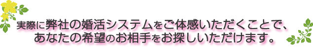 実際に弊社の婚活システムをご体感いただくことで、あなたの希望のお相手をお探しいただけます。