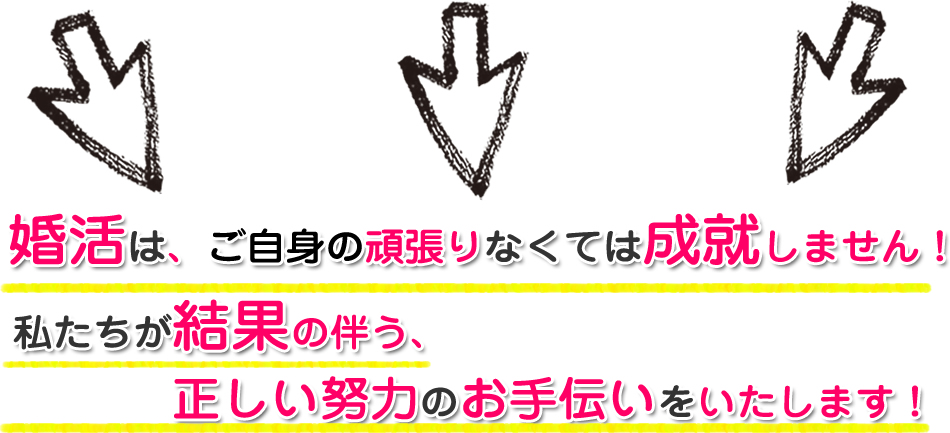 婚活は、ご自身の頑張りなくては成就しません！私たちが結果の伴う、正しい努力のお手伝いをいたします！